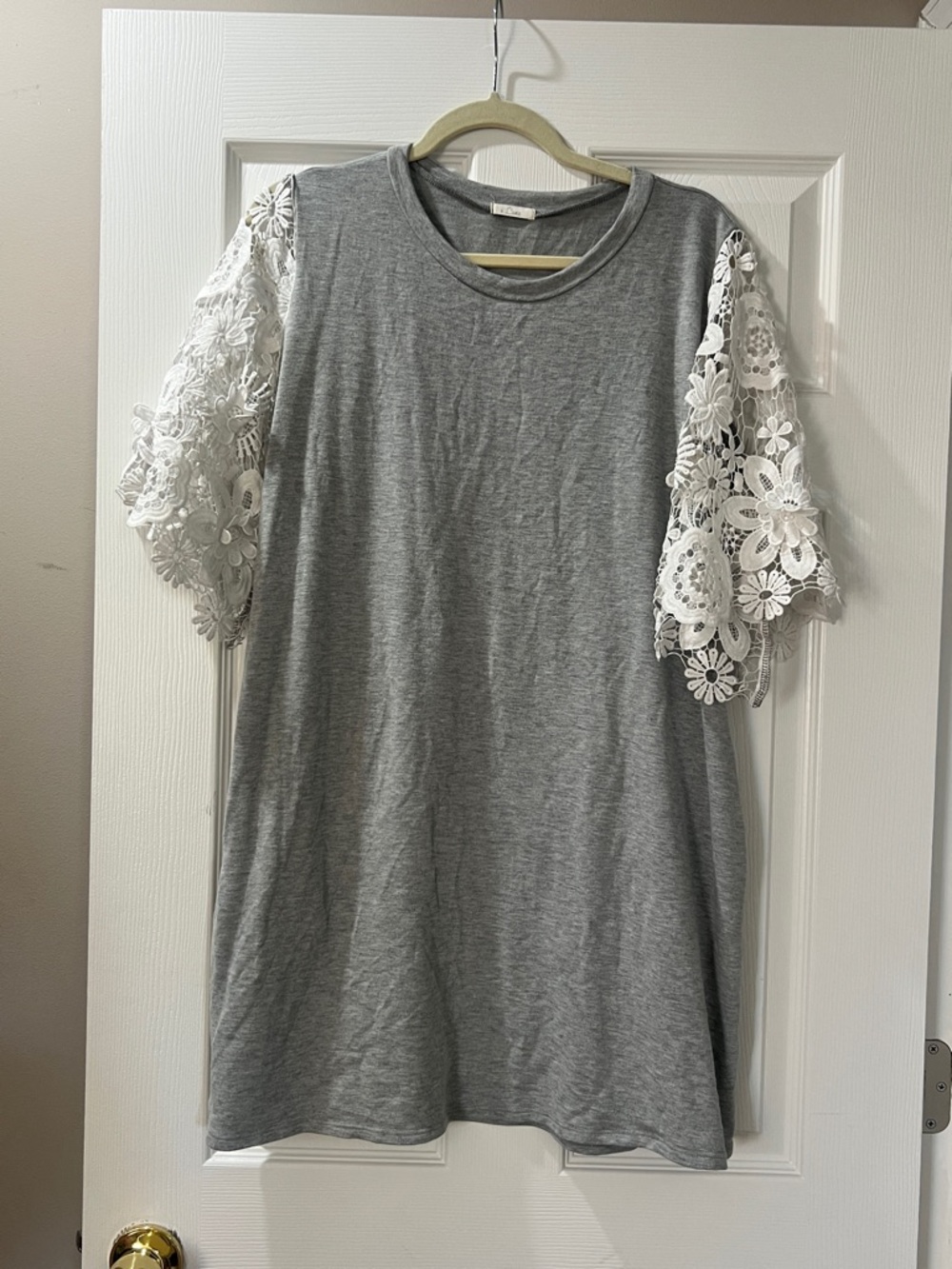 Gray Tee Dress with White Lace Flutter Sleeves